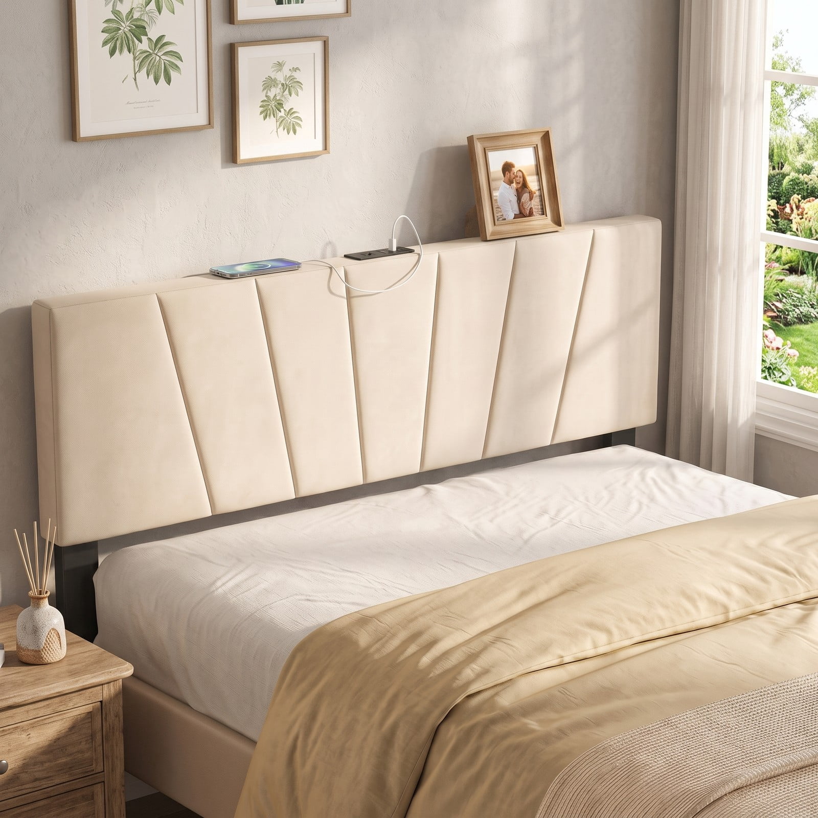 Furnibear Geometric Channel Upholstered Headboard with 2 AC Outlets and USB and Type-C Charging Ports for Full and Queen Size Beds, Beige