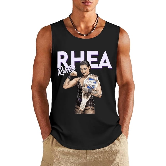 Rhea Ripley Men's Hawaiian sleeveless shirt with a bold graphic of Rhea Ripley holding a championship belt. This black summer tank top features purple and white text and is crafted from breathable cotton fabric for comfort and durability. Ideal for casual occasions like sports, beach outings, fan events, or daily wear.