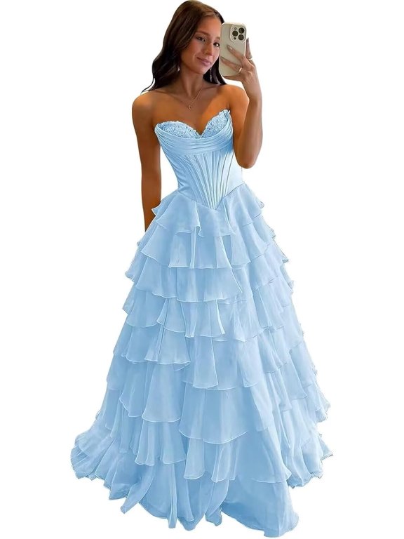 Strapless Ruffle Prom Dresses with Slit Tiered Corset Chiffon Cocktail Evening Dress ZU129