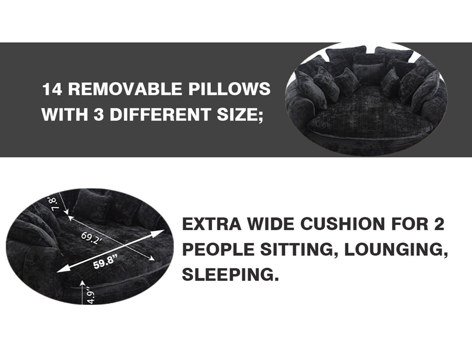 litvz 81.1in extra wide round boneless sofa oversized round chaise lounge comfy with 14 pillows for living room