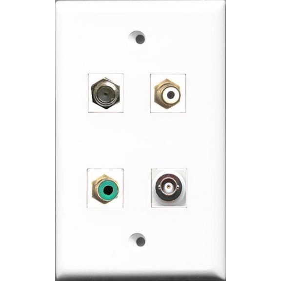 RiteAV 1 Port RCA White and 1 Port RCA Green and 1 Port Coax Cable TV- F-Type and 1 Port BNC Wall Plate