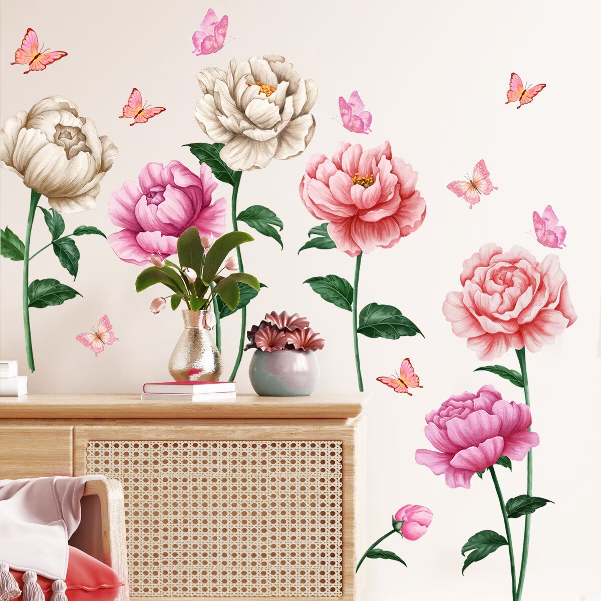 Watercolor Roses Wall Decals Peony flower wall stickers, plant flower stickers Peel and Stick Wall Art Decals for Living Room Bedroom Office Wall Decor glass decals(Red & White Watercolor)