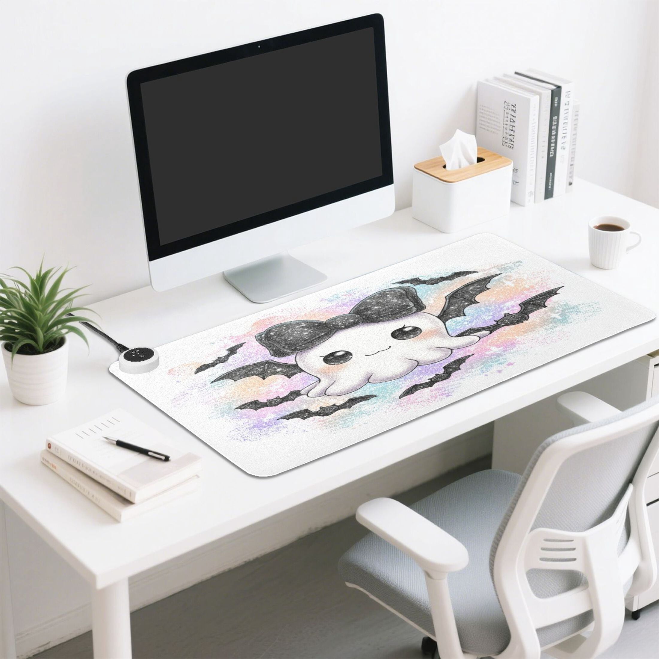 Large Heated Desk Mat Mouse Pad 31.5"x13"PU Leather Graphene Heating Desk Warmer with 3 Temperature Settings 110V US Plug Non-Slip Warm Pad for Home, Office, and Gaming Cute Black Bat Ghost