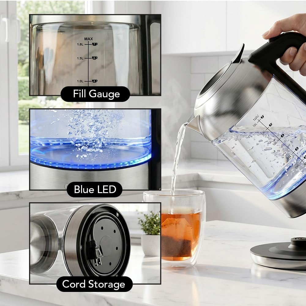 OVENTE Electric Kettle, 1.8L Glass Tea Kettle & Stainless Steel BPA-Free Cordless Electric Kettle, 1500W Fast Boil Electric Pot with Easy-Fill Lid, Auto Shut-Off & Boil Dry Protection, Silver KG751S