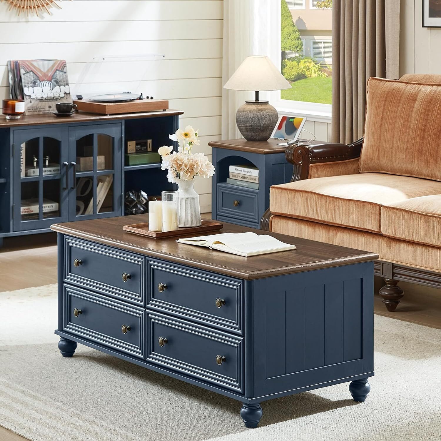 Leyaoyao 48" Farmhouse Coffee Table with Hidden Storage, 4 Drawers &Roman Column Knobs,Rustic Center Table with Wood Curved Legs for Living Room,Blue