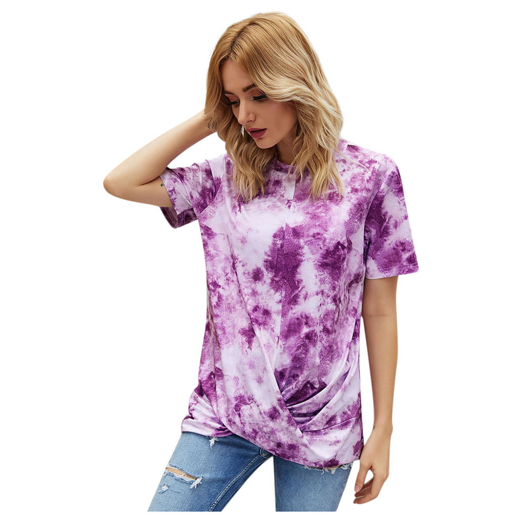 Wome Tie-Dye Shirt O Neck Tri-Color Gradient Print T-Shirt Tops ...