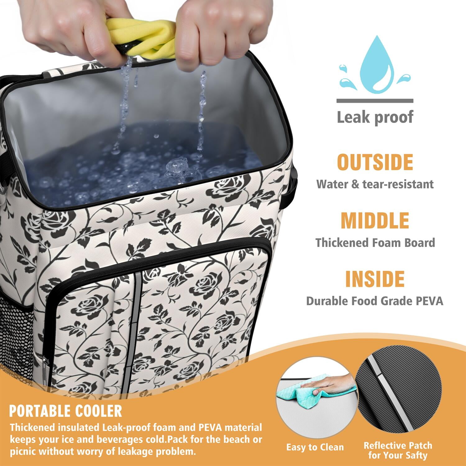 Travel Cooler Bag - Pioneer Flower Floral Print Pattern Camping Beer Cooler Backpack with Bottle Opener- Waterproof Insulated Picnic Backpacks - Cooler Bag for Beach