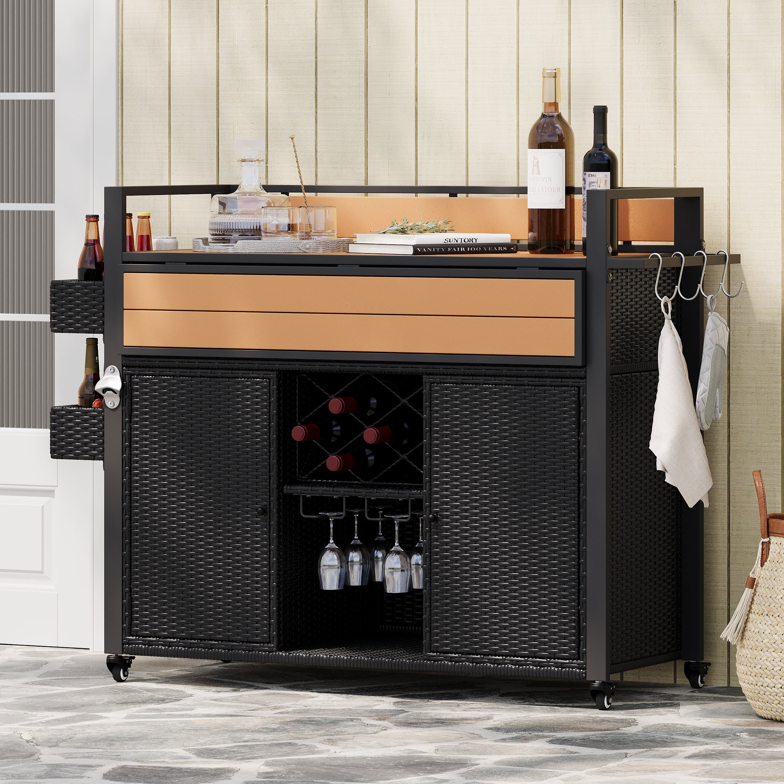 Outdoor Grill Cart 52.8 Inch W, Wicker Structure with Extended Plastic Wood Table Top for Patio Backyard, Black Brown