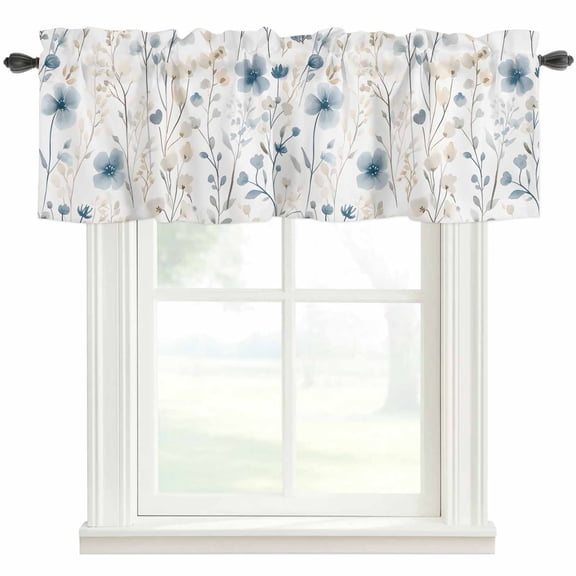 Spring Watercolor Valances for Windows Grey Blue Wildflower Beige Leaves Vintage Rod Pocket Curtain Valance Window Treatment Short Curtains for Kitchen Living Room, 42"x12"