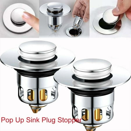 

1.34”-1.45” Pop-Up Drain Stopper with Filter Basket Push-Type Brass Bounce Core Drain Filter Bathtub Plug for Most Sink 2Pcs