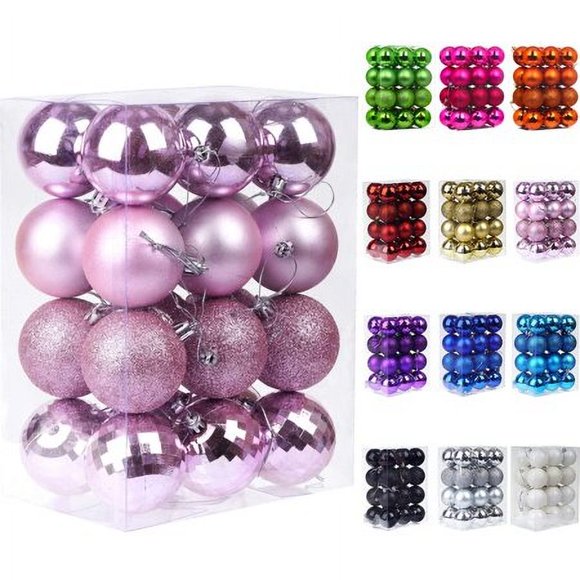 Emopeak 24Pcs Christmas Balls Ornaments For Xmas Christmas Tree - 4 Style Shatterproof Christmas Tree Decorations Hanging Ball For Holiday Wedding Party Decoration (Pink 1.6 ""/4.2Cm)