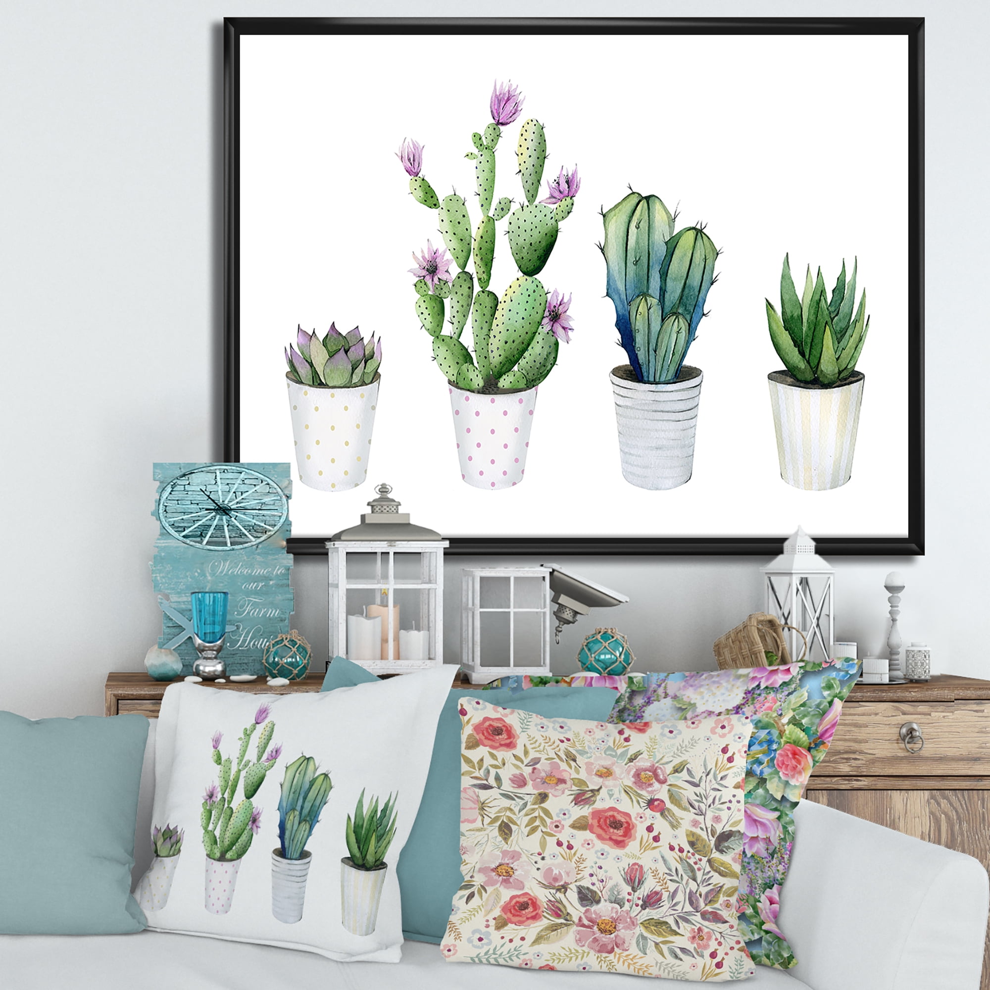 Designart 'Aloe Vera Cactus Succulent Home Plants In The Pots' Farmhouse Framed Canvas Wall Art Print