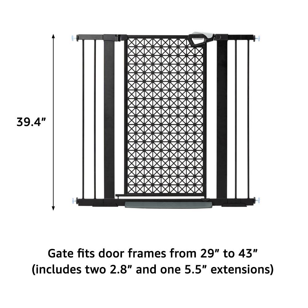 Unipaws 39.4” Tall Pressure Mounted Pet Gate, Fits 29-43 Inches Wide Dog Gate with 2.8" & 5.5" Extensions and Auto-Close and Hold-Open Door, No Drill, Black Geometric Design