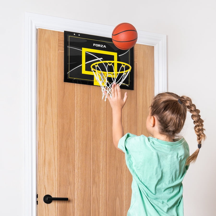 FORZA Mini Over-The-Door Basketball Hoop Set – 18" x 12" Backboard, Steel Rim, Foam-Padded Brackets – Includes Mini Basketball & Pump