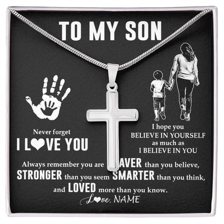 To My Son From Mom Mother Never Forget I Love You Son Birthday New Year Graduation Box Message Card, Multi Cross Necklace