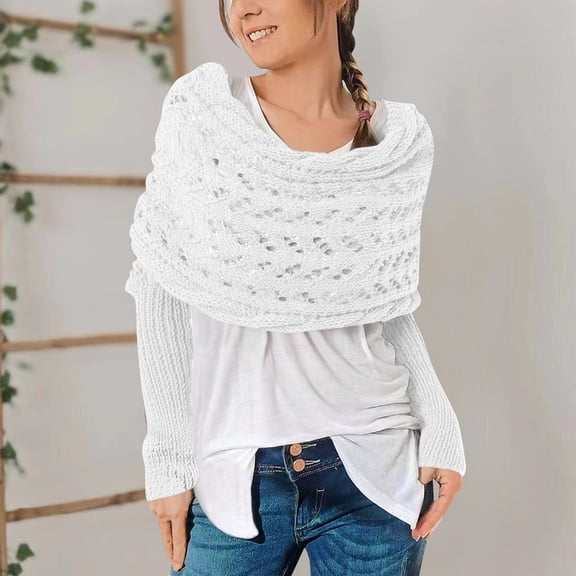 Knitted Cable Wrap,Shrugs For Women,Knitted Wrap,Scarf With Sleeves For Women,Sweater Scarf with Sleeves White