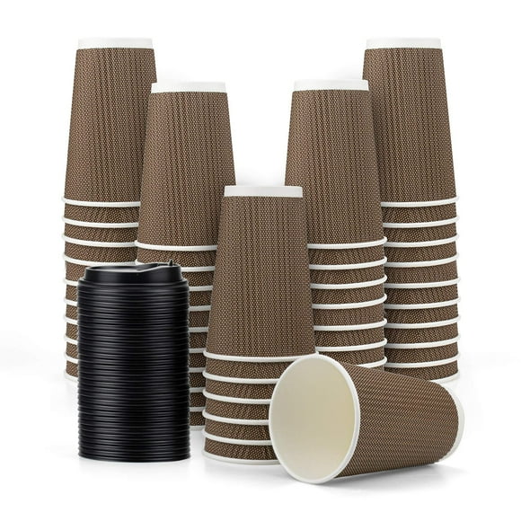 Fasmov 80 Pack 16 oz Disposable Double Walled Hot Cups with Lids, Coffee Cups, No Sleeves needed Insulated Ripple Wall Hot Coffee Tea Chocolate Drinks, Brown