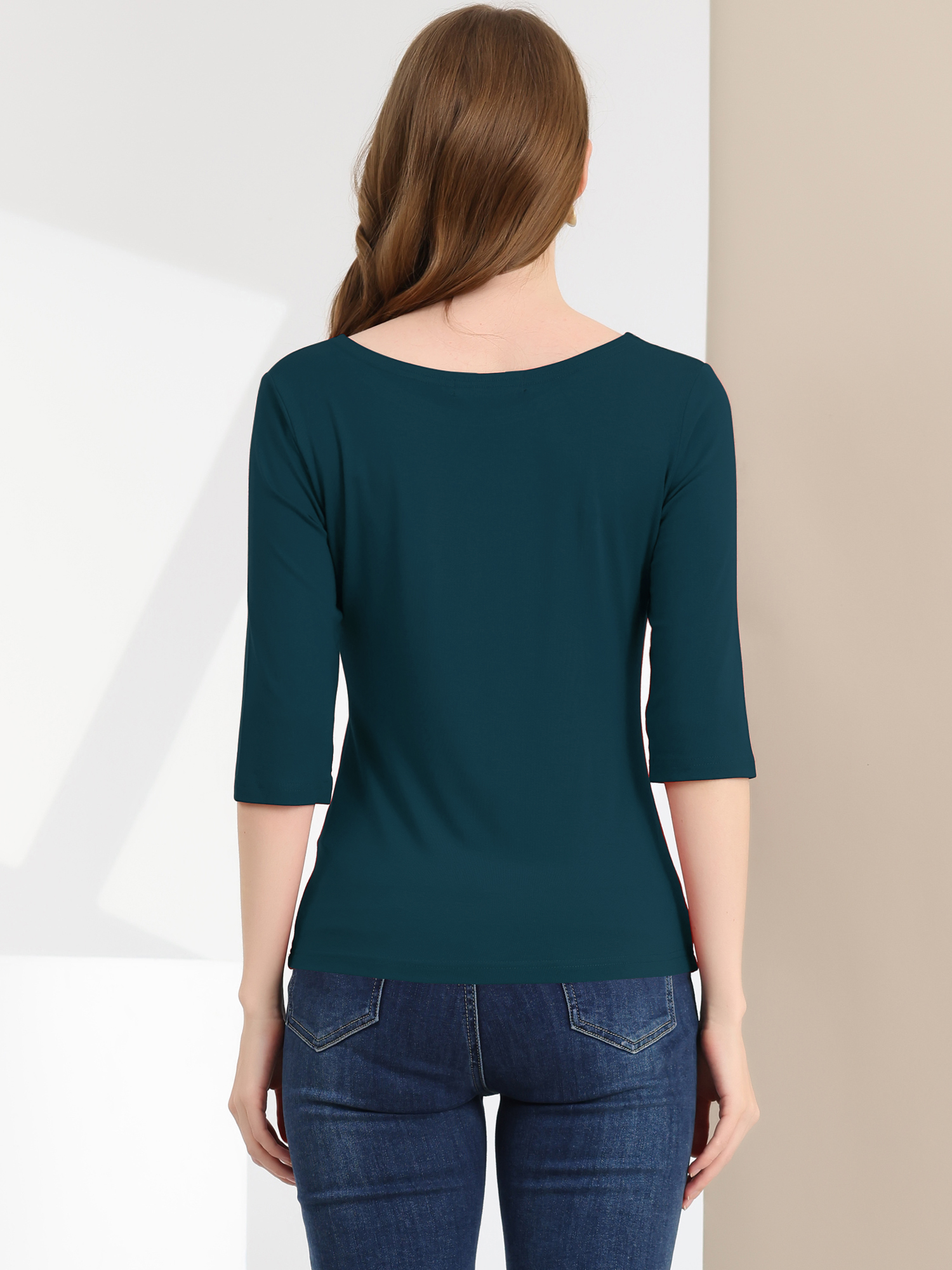 DARING DIVA Women's Elbow Sleeves Boat Neck Slim Fit Classic Tee S Dark Green