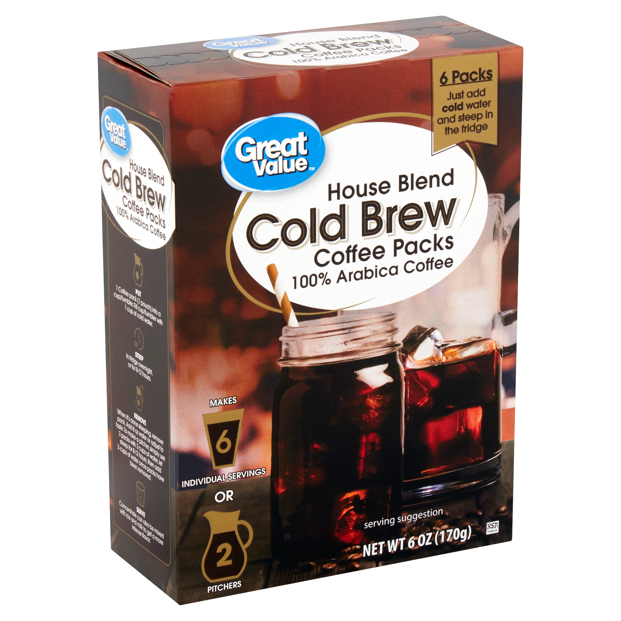 Great Value House Blend Cold Brew Coffee Packs, 6 count, 6 oz Walmart