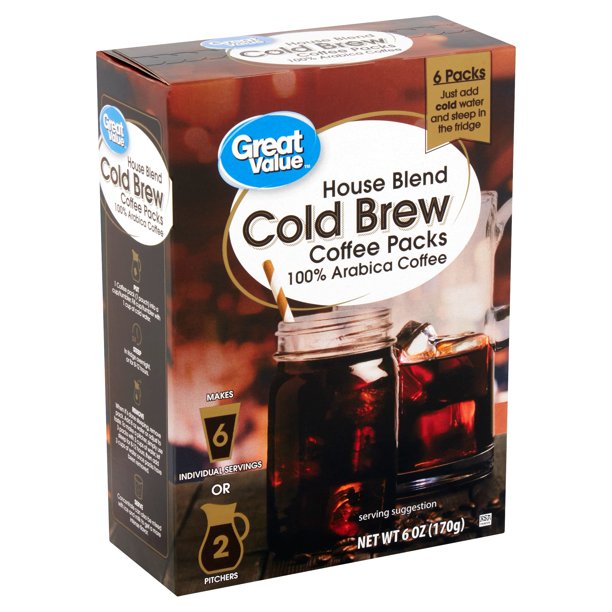 Great Value House Blend Cold Brew Coffee Packs, 6 count, 6 oz