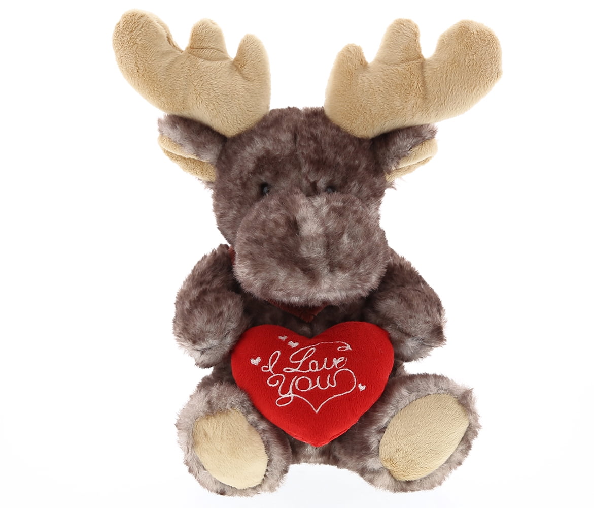 DolliBu I Love You Sitting Moose Plush – 10 Inch Brown Stuffed Animal With Red Heart, Valentine Gift