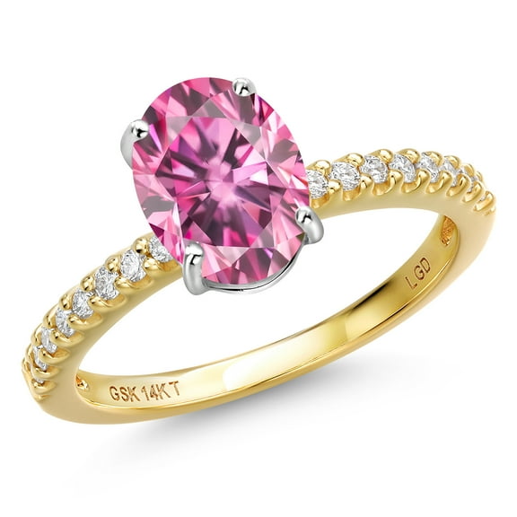 Gem Stone King 14K Two Tone Gold Pink Moissanite and Lab Grown Diamond Engagement Ring for Women | 2.16 Cttw | Oval 9X7MM | Gemstone Birthstone | Size 5