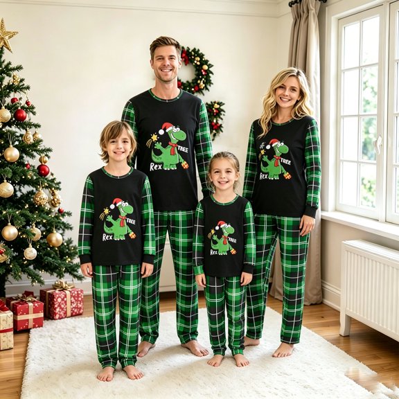 AIGUR Family Matching Christmas Pajama Set, Long Sleeve Cartoon Dinosaur Print T-shirt with Plaid Pants Sleepwear Loungewear