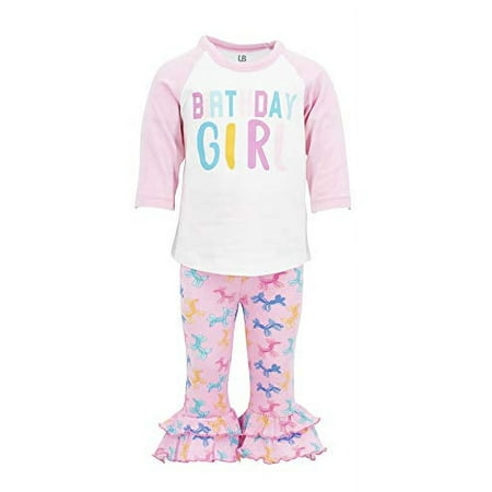 Girls Birthday Girl Ruffle Pant Raglan Ballon Animal Outfit (8) Pink