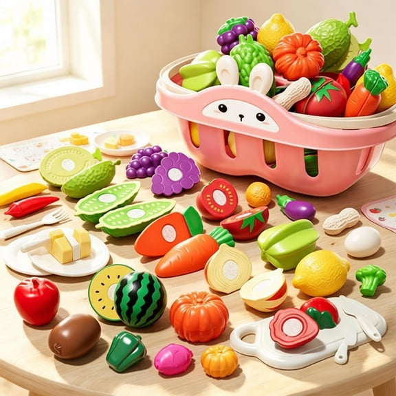 Kids Cutting Play Food Fruits Vegetables Toy Set, Toddler Pretend Kitchen Cutting Toy with Knife Plates, Educational Fine Motor Skills Toy, Birthday Gift for Boys Girls Ages 3 4 5 6 Years Old