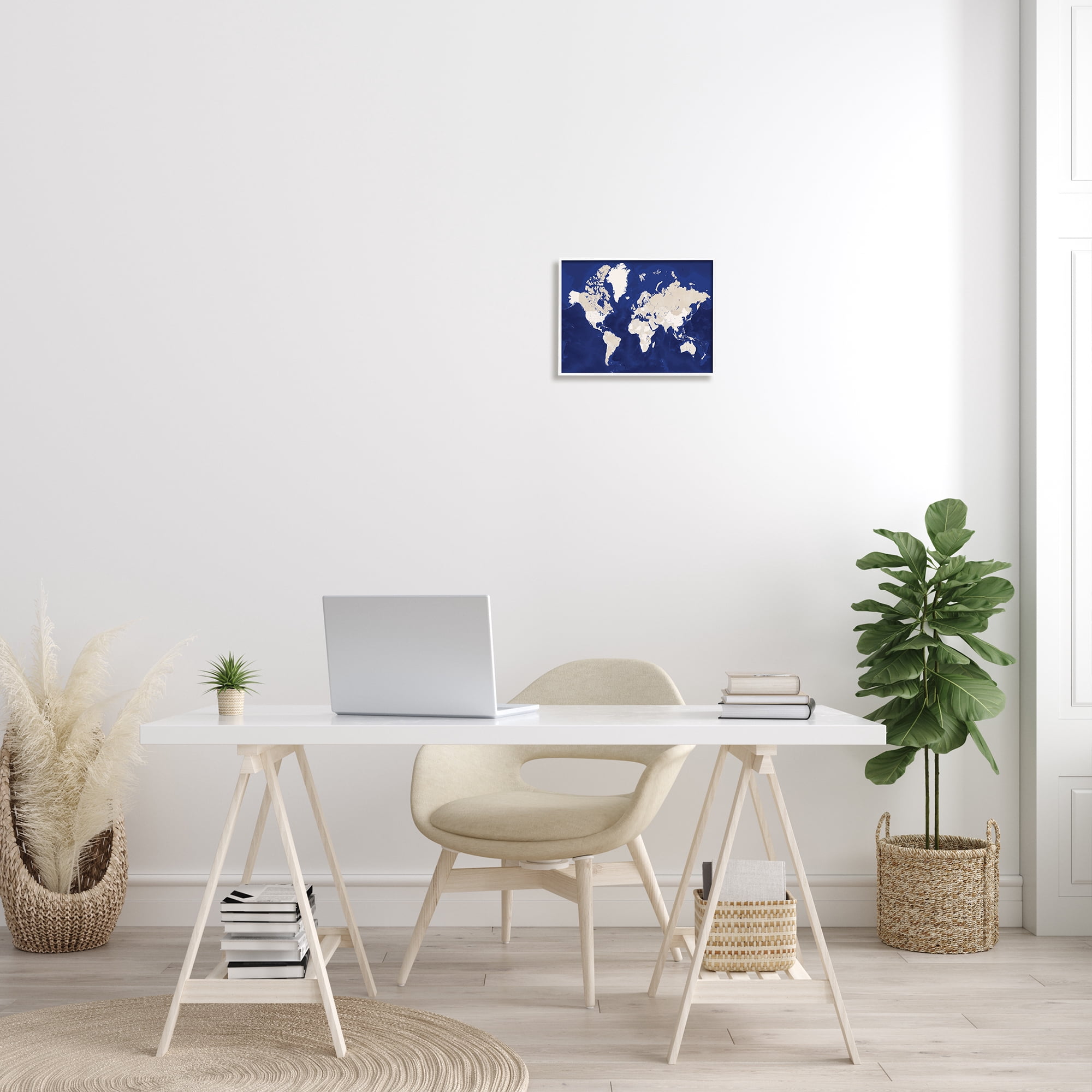 Stupell Industries Traditional World Map Neutral Tone Continents On Blue, 11 x 14, Designed by BlursByAI