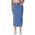 thumbnail image 1 of Falda de mezclilla midi ajustada para mujer, de tiro alto, con rotos y dobladillo sin terminar, estilo casual, color azul claro, 1 of 6