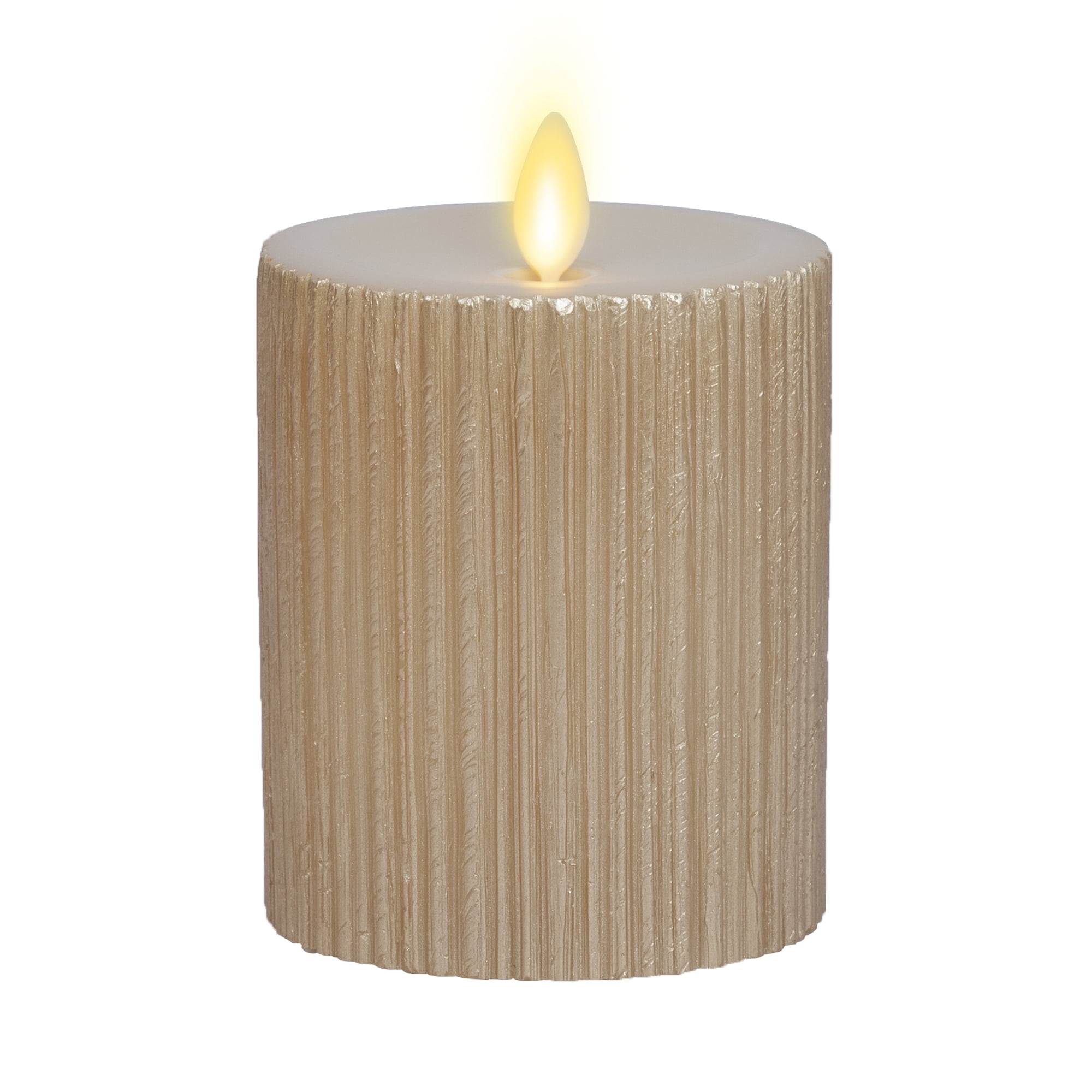 Luminara Ribbed Metallic Ivory Flameless Candle Pillar Recessed Top
