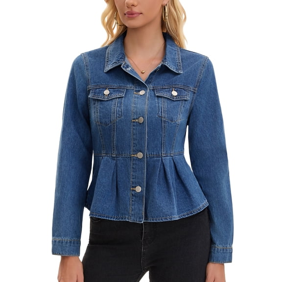 DARING DIVA Women's Button Down Collar Ruffle Hem Peplum Jean Jacket XL Blue