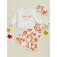 thumbnail image 2 of Suealasg Toddler Baby Girls Halloween Outfits Set 6M 1T 2T 3T Letter Pumpkin Print Long Sleeve Sweatshirt Flare Pants Headband Kids Girls Halloween Fall Clothes, 2 of 8