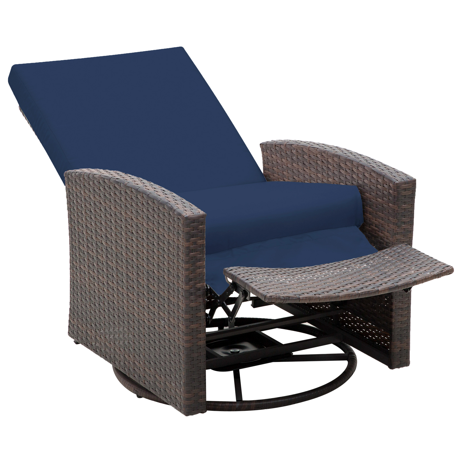 Outsunny Outdoor Wicker Swivel Recliner Chair, Reclining Backrest, Lifting Footrest, 360 Rotating Basic, Water Resistant Cushions for Patio, Dark Blue - image 2 of 2