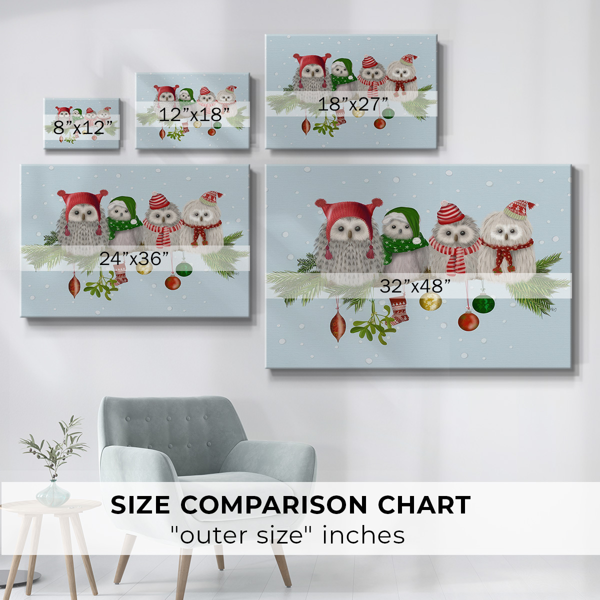 Christmas Fluffy Christmas Owls on Branch- Gallery Wrapped Canvas