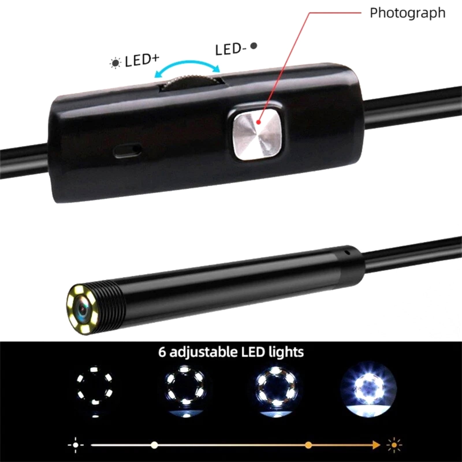 GUYUTING USB Micro USB Type-C Endoscope For Android Phones Pipe Inspection 7mm Camera IP67 Waterproof 2m Semi Rigid Cable 6 LEDs