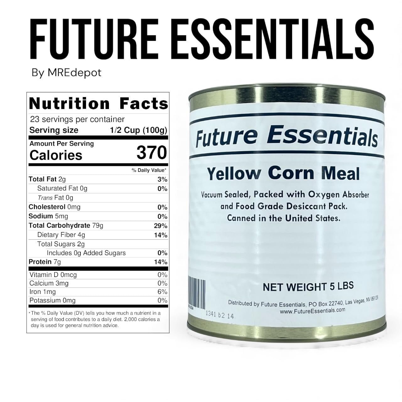 (6-Pack) Future Essentials Yellow Corn Meal, 5 lb #10 Can – Fine Ground Cornmeal, 30-Year Shelf Life, Emergency Food Storage, Non-GMO, Made in USA