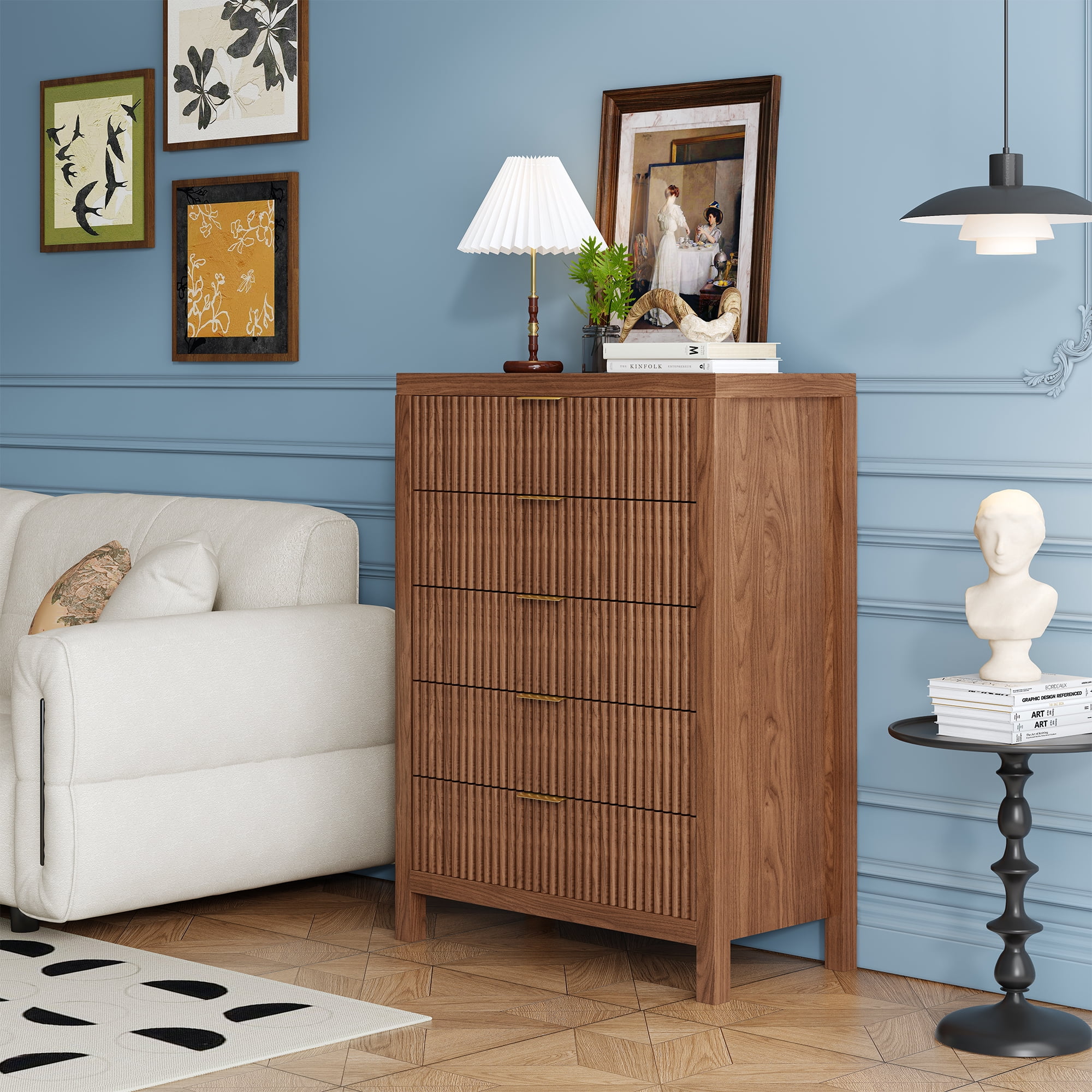 Fluted 5 Drawers Dresser, Modern 43" Tall Modern Chest of Drawers Farmhouse Dressers, Walnut