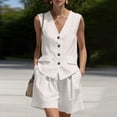 thumbnail image 2 of JULMCOMO Cotton Linen Sets for Women 2 Piece Button Down Deep V Neck Summer Tank Tops Wide Leg Trendy Shorts Matching Sets with Pockets White S, 2 of 5