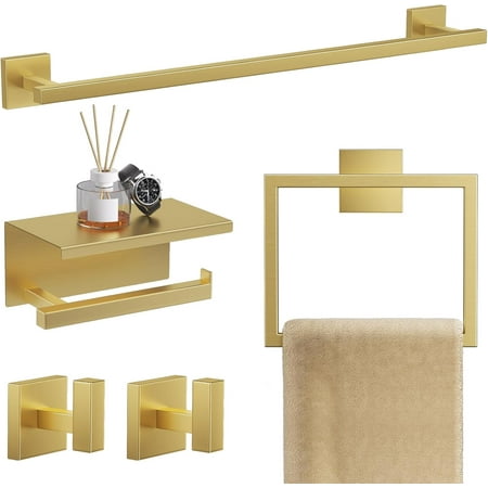 QW 5-Pieces Brushed Gold Bathroom Hardware Accessories Set 23.6" SUS304 Stainless Steel Towel Bar Set Wall Mounted Square Toilet Paper Holder with Shelf