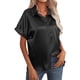 thumbnail image 2 of Blusa de seda satinada para mujer, camisa informal con botones de un solo pecho, manga corta, cuello vuelto, color negro M, 2 of 5