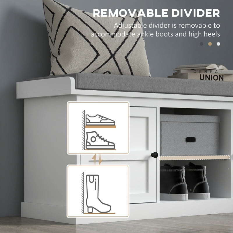 HOQBN Shoe Storage Bench with Cushioned Seat, Entryway Bench with 2 Cabinets and Adjustable Shelf for Hallway, White