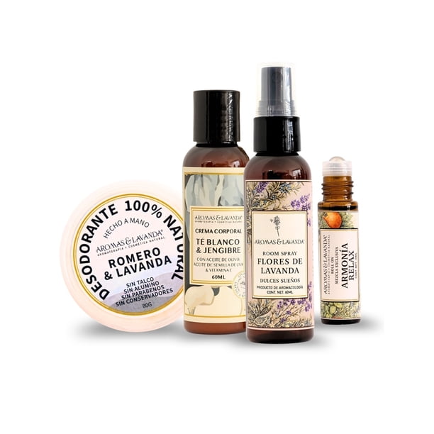 Kit para Yoga con Aromaterapia – Desodorante Natural, Brisa de Lavanda, Roll On Armonía Relax y Crema Té Blanco con Jengibre