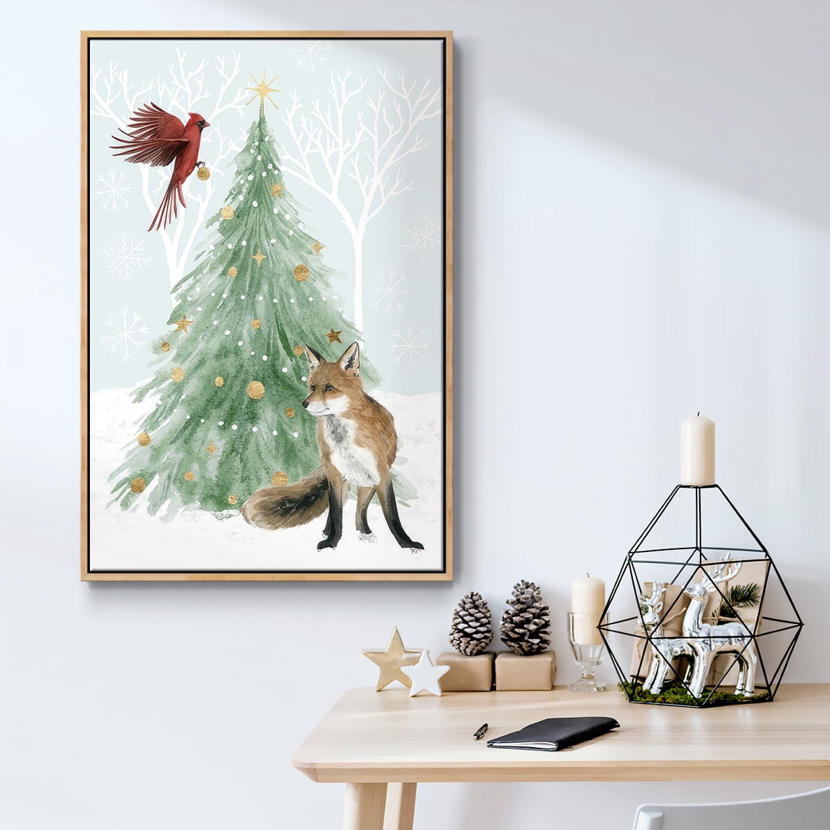 Christmas in the Forest Collection B - Framed Gallery Wrapped Holiday Canvas - 25 x 37 - Natural Wood Frame