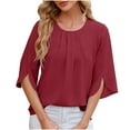 thumbnail image 6 of TKLPEHG Short Sleeve Blouses For Women Crew Neck Pleated Elegant Shirts Loose Comfy Fashion Summer Solid Color Graphic Tee Casual Outfits (Wine,L), 6 of 9