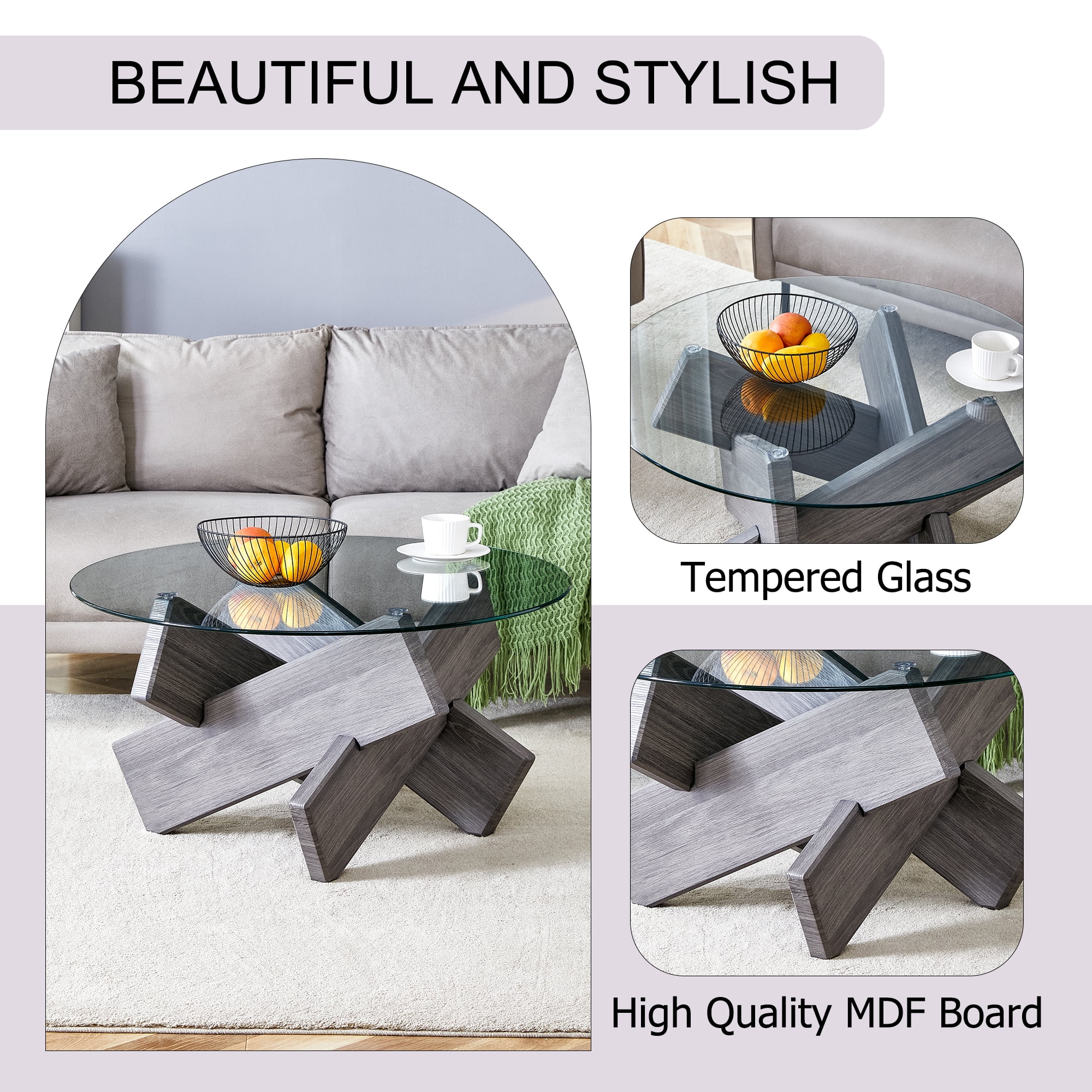 NYEESS 33.4" Round Glass Coffee Table with Tempered Top and MDF Legs, Modern Farmhouse Living Room Accent Table