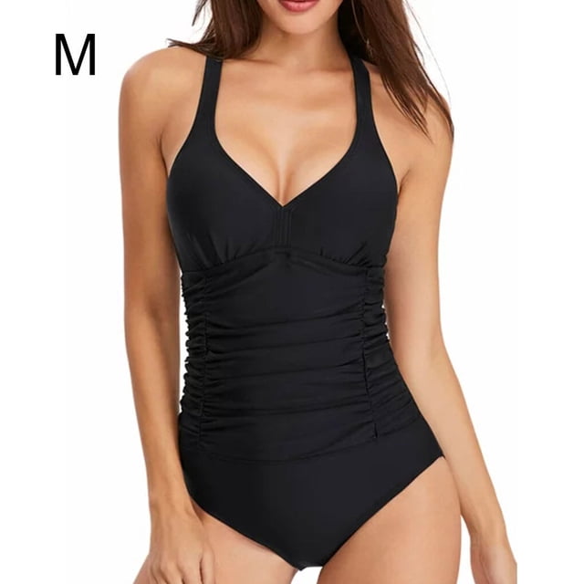 thinsony Maillot de Bain Décolleté en V Sans Manches pour Femmes, Tenue de Plage, Bretelles Ajustables, Maillot de Bain, Noir, M
