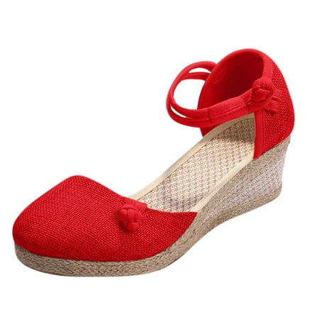 

Womens Sandals Women Ladies Retro Linen Canvas Wedge Round Toe Casual Sandals Singles Shoes Women S Sandals Hemp Red 37
