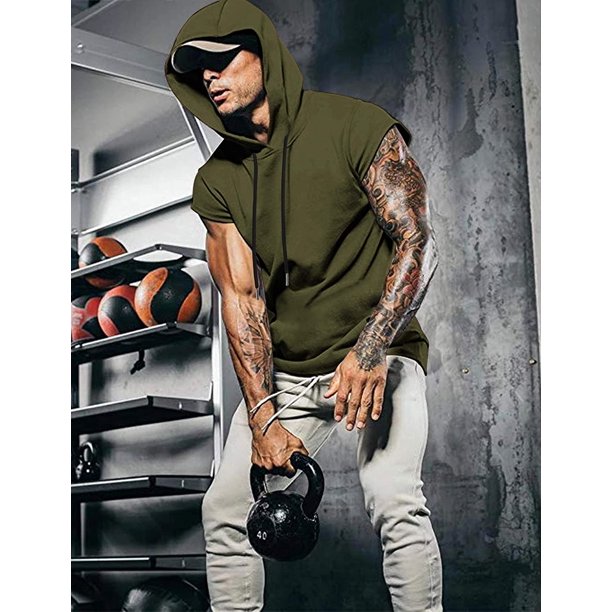 Mens Workout Hooded Tank Top Gym Muscle Cut Off Short Sleeves T